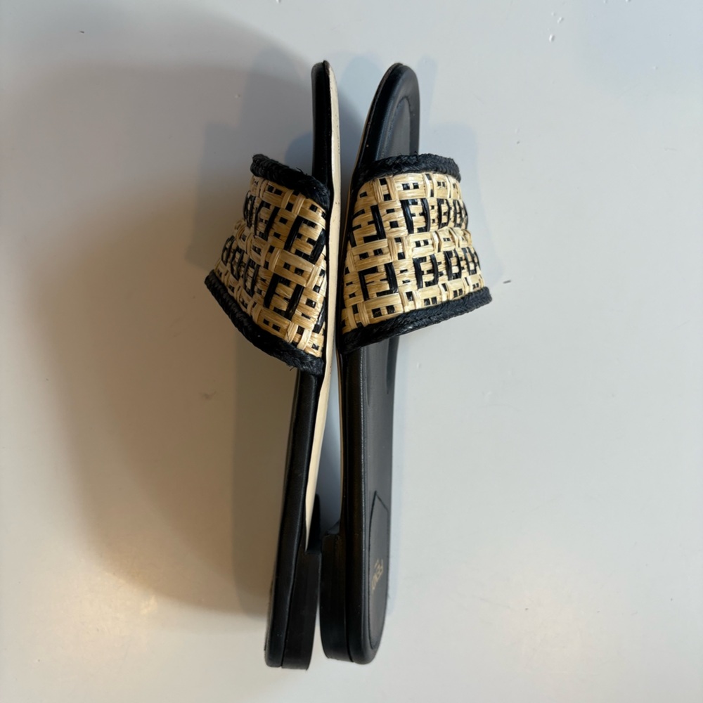 Fendi || FF Monogram Interlace Raffia Woven Slides Sandals Tan Black 39 - Picture 9 of 12